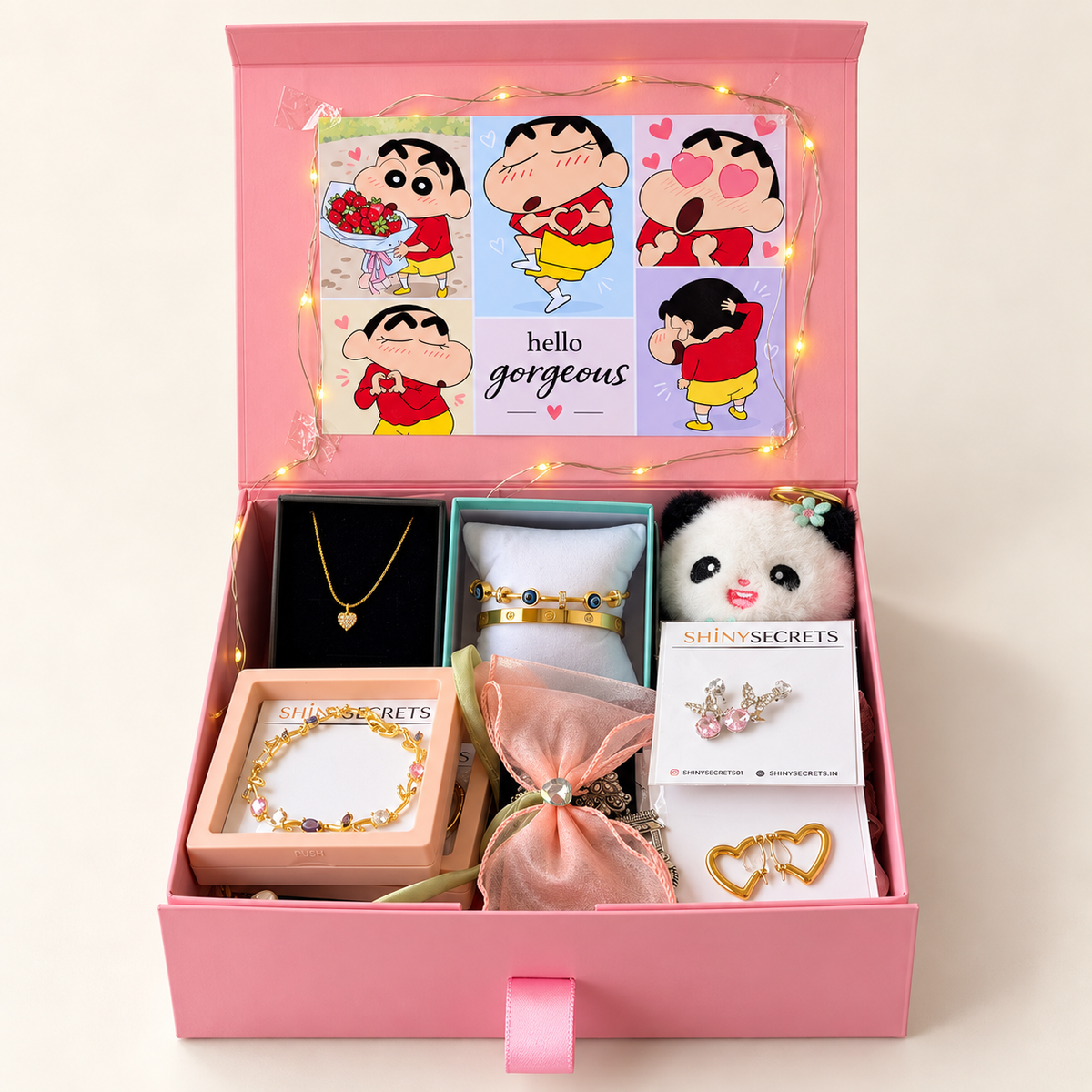 Shinchan Hello Gorgeous pink jewellery gift hamper with fairy lights