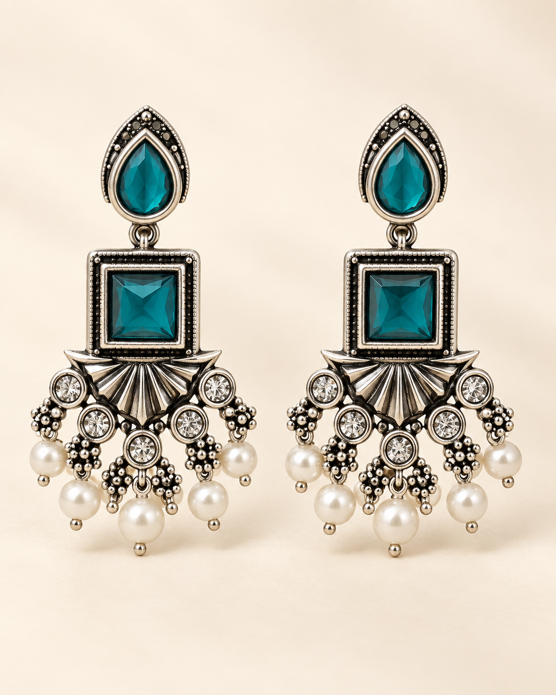 Teal Gemstone Pearl Chandelier Earrings — product photo