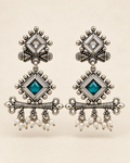 Teal Geometric Pearl Chandelier Earrings — product photo
