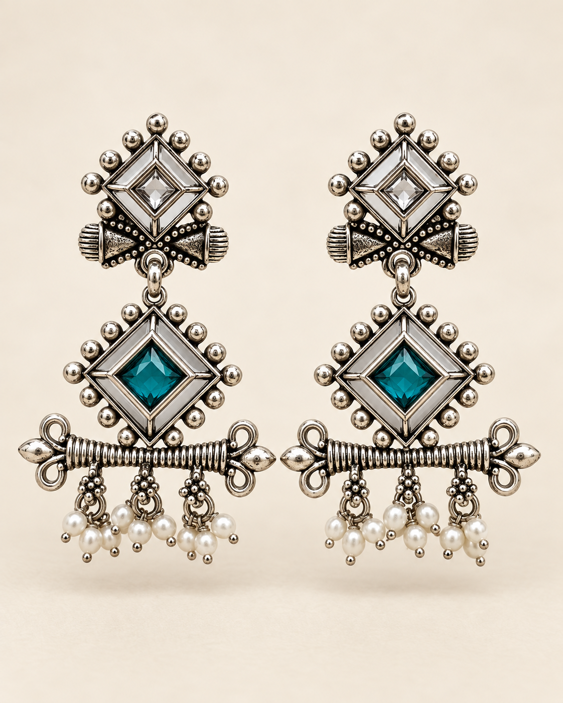 Teal Geometric Pearl Chandelier Earrings — product photo