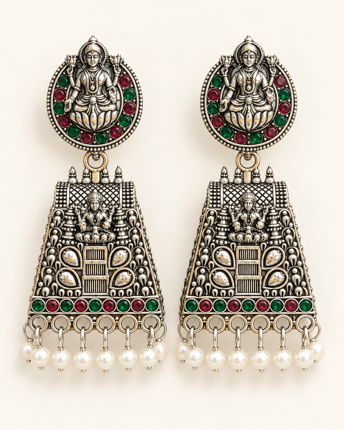 Oxidised silver temple goddess gopuram earrings with red, green and pearl accents