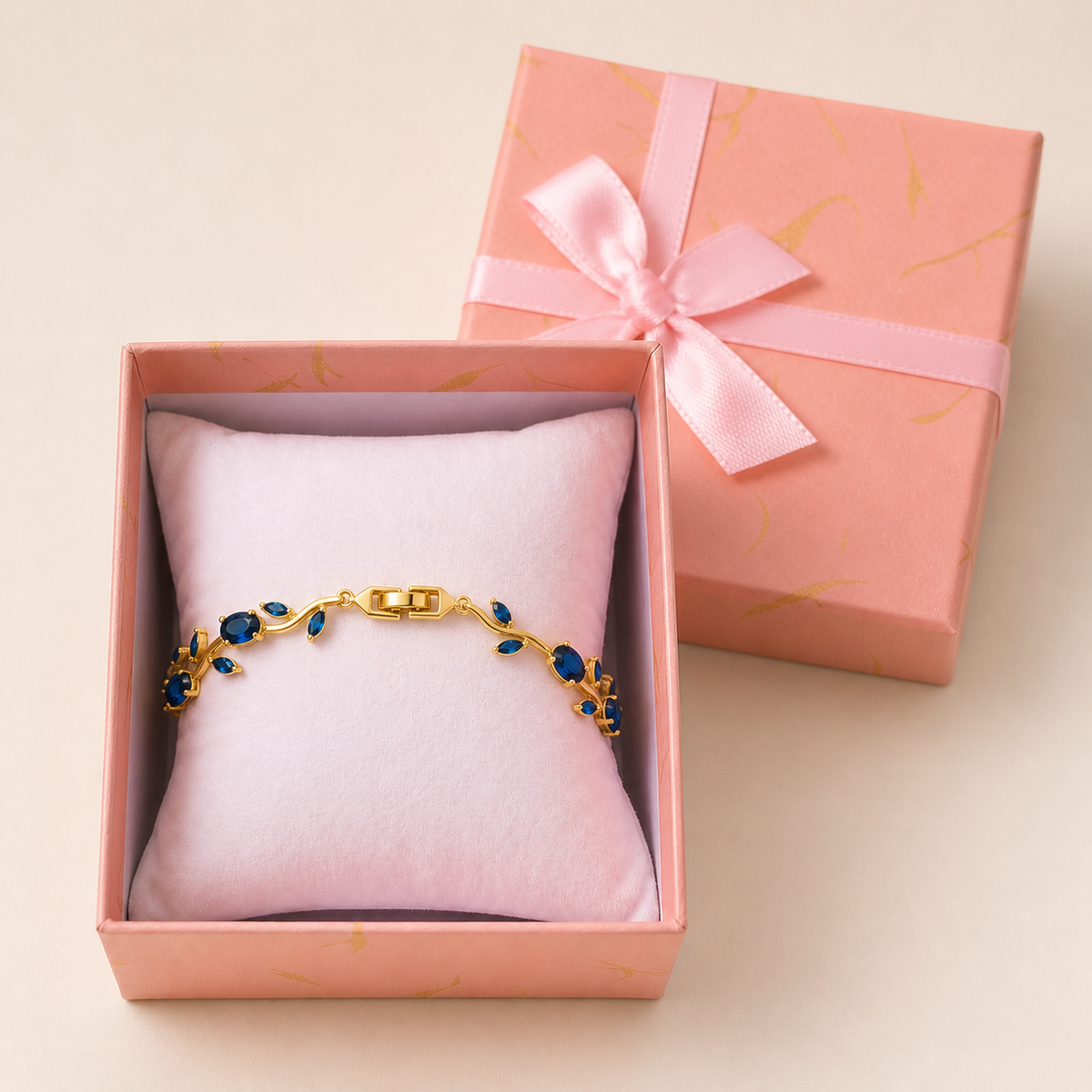 Tulip Bracelet (Blue) in an open blush-pink gift box